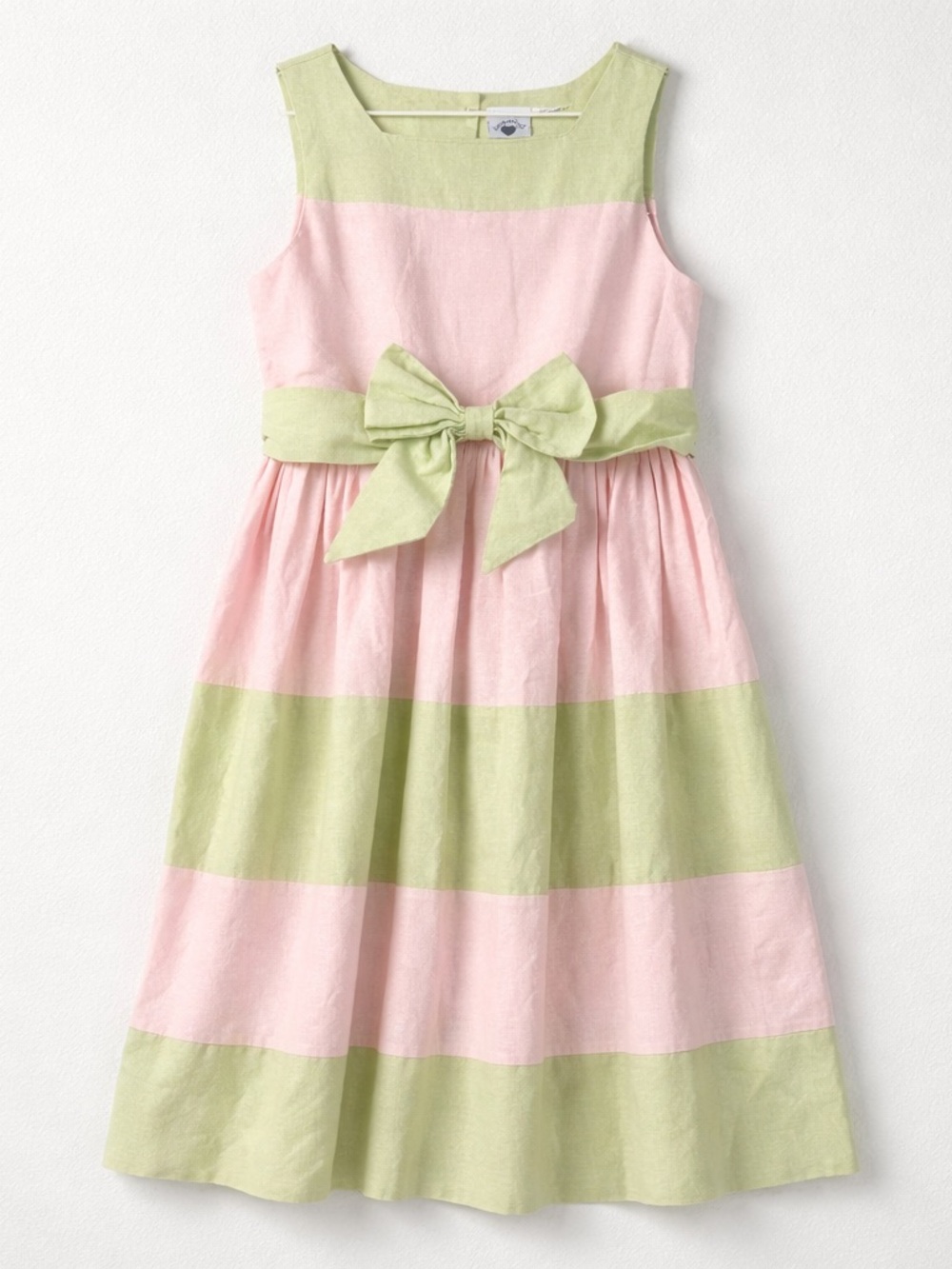 Hartstrings Y2K pastel green $ pink linen dress with bow and sash
